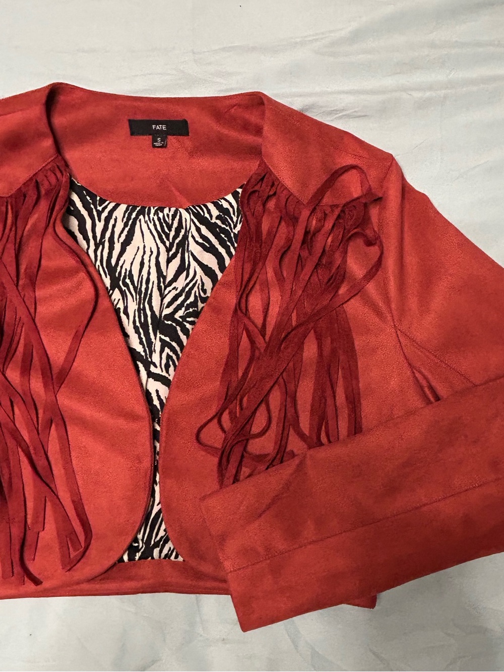 Fate Red Fringe Open-Front Cropped Sweater Shrug